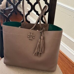 Tory Burch Grey/Taupe McGraw Leather Tote with Tassel